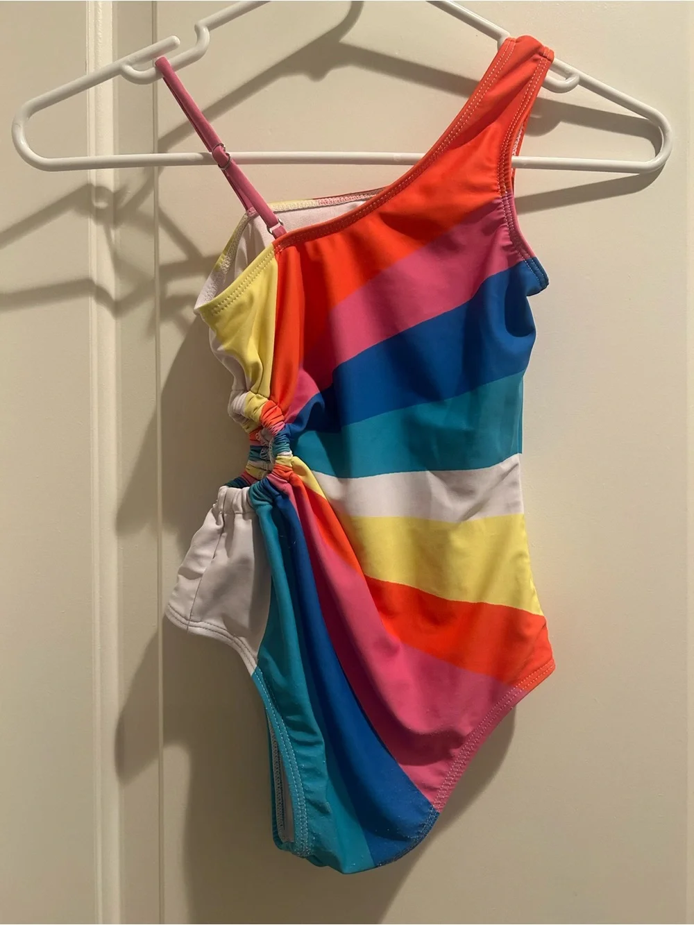 Girls Asymmetrical One-Shoulder Rainbow Stripe Swimsuit by Grace Karin Size 7